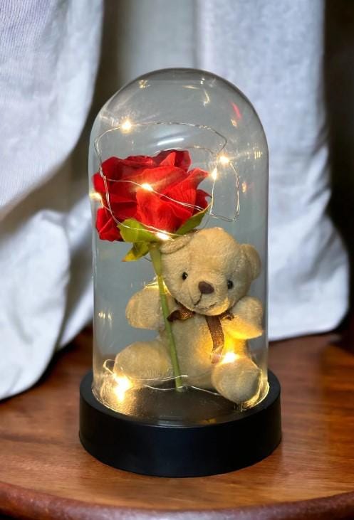 Plush Teddy Bear Holding a Rose Lamp , Rose Gift, Eternity Rose, Romantic Gift for Lover | Mother's Day Gift | LED Light Glass Dome Rose