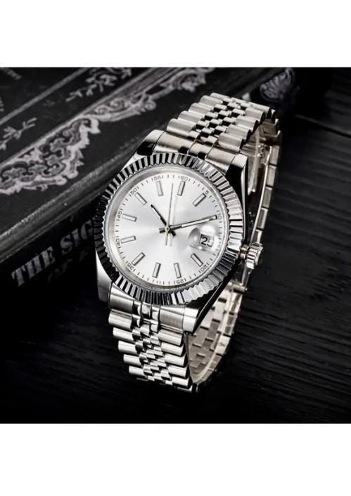 Stylish Silver Color Watch, All Stainless Steel, Watch for Men, Gift for Him, White Dial with Date, Father's Day Gift