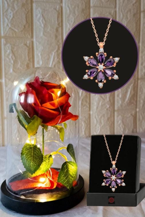 LED Glass Dome Rose, Fading Red Rose Lamp with Fairy LED Light and Lotus Camellia Flower Necklace in a Bell Jar, Romantic Gift for Lover