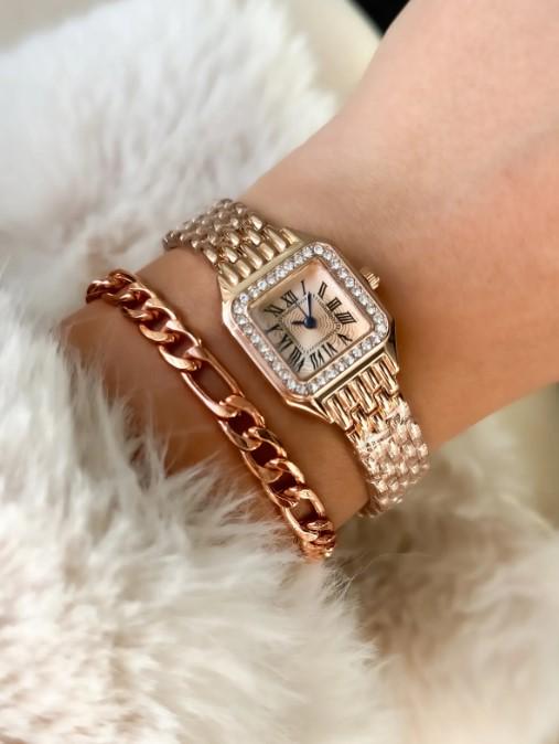 Rose Gold Retro Model, Minimal Square Case, Yellow Color, Roman Numeral Women's Wristwatch Bracelet in a Special Gift Box, Rose Gold Watch