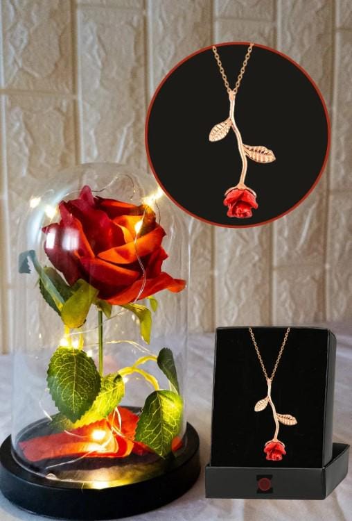 LED Illuminated Glass Dome Rose, LED Illuminated, Non-Fading Red Rose Lamp and Rose Gold Plated Necklace, Romantic Gift for Lover