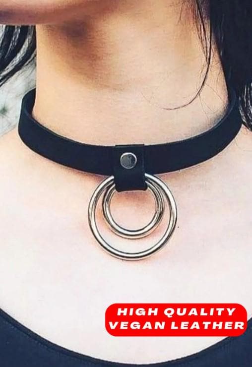 Adjustable Stylish Leather Choker with Thin Strip Ring Detail
