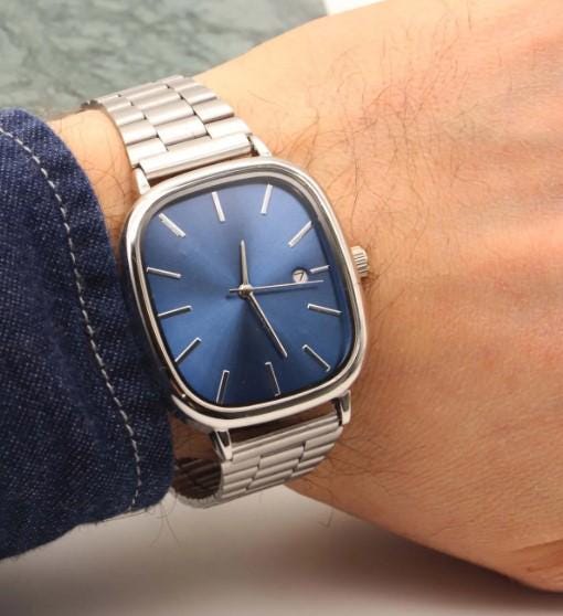 Rectangular Design Men's Watch with Calendar Color Men's Wristwatch, Steel Vintage Women's Wristwatch, Silver Color Strap Men's Wristwatch