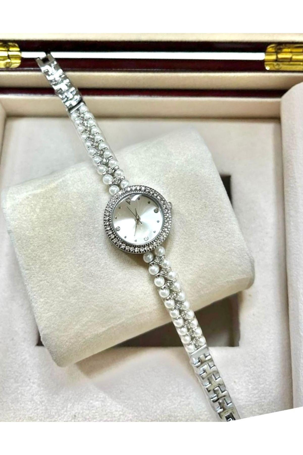 Pearl Grains Series Pearl Stone Appearance Women's Wristwatch, Gold Renk Kadın Saati, Işıklı Endeksler, Kolay Kullanım, Beyaz Tasarım Kadran