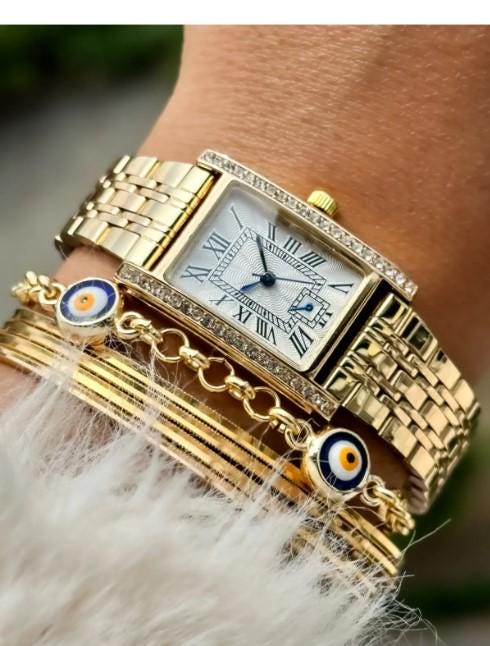 Rib Model Chain Cord Gold Color Stylish Women's Wristwatch and Bracelet, Luminous Indexes, Easy to Use, White Design Dial, Elegant Design
