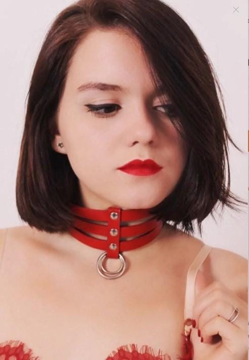 Leather Choker with Triple Thin Strip Ring Detail