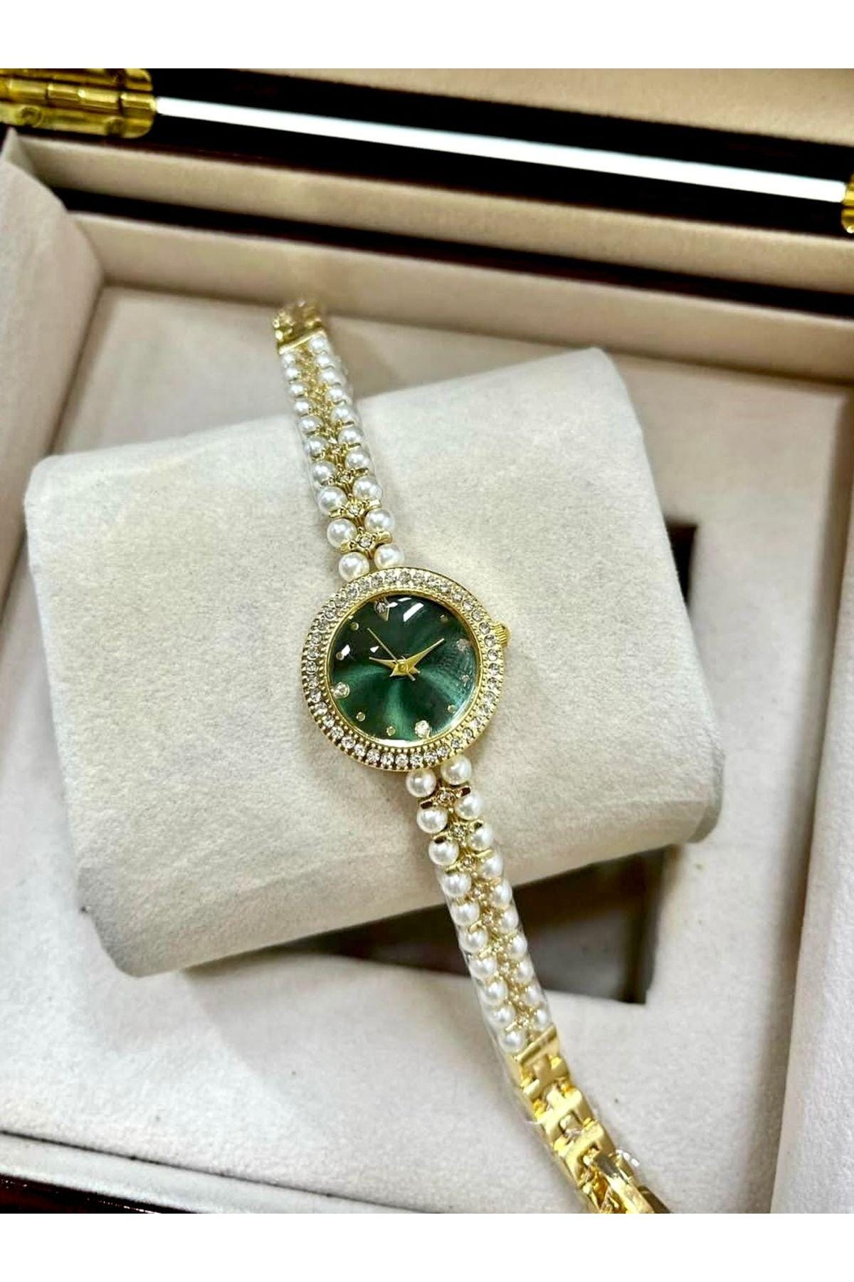 Pearl Grains Series Pearl Stone Appearance Women's Wristwatch, Gold Renk Kadın Saati, Işıklı Endeksler, Kolay Kullanım, Beyaz Tasarım Kadran