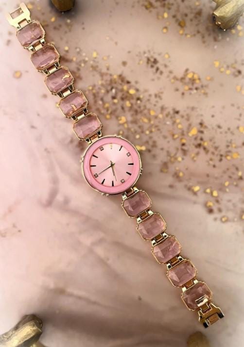 Pink women's wristwatch with cut stones, Wrist Watch for Women, Gold Colour, Vintage Design, Adjustable Band, Waterproof Watch