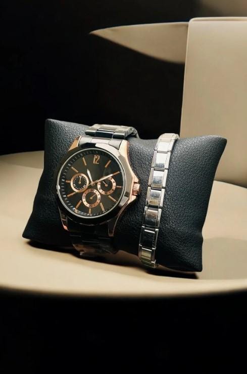 Stylish Silver Color Watch And Bracelet, All Stainless Steel, Watch for Men, Gift for Him, White Dial with Date, Father's Day Gift