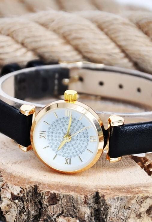 Stylish and Simple Wristwatch for Women with Gold Color Stone Case and Black Thin Leather Strap