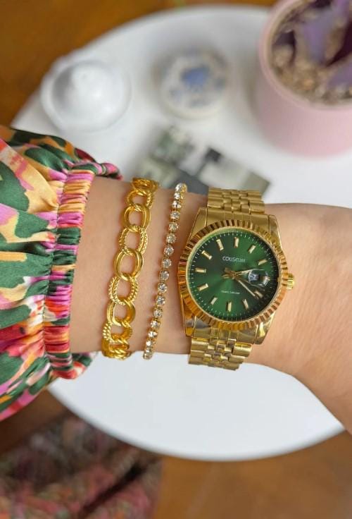 Gold Plated Emerald Green Calendar Women's Wristwatch and Bracelet Set - Luxury Combination Series